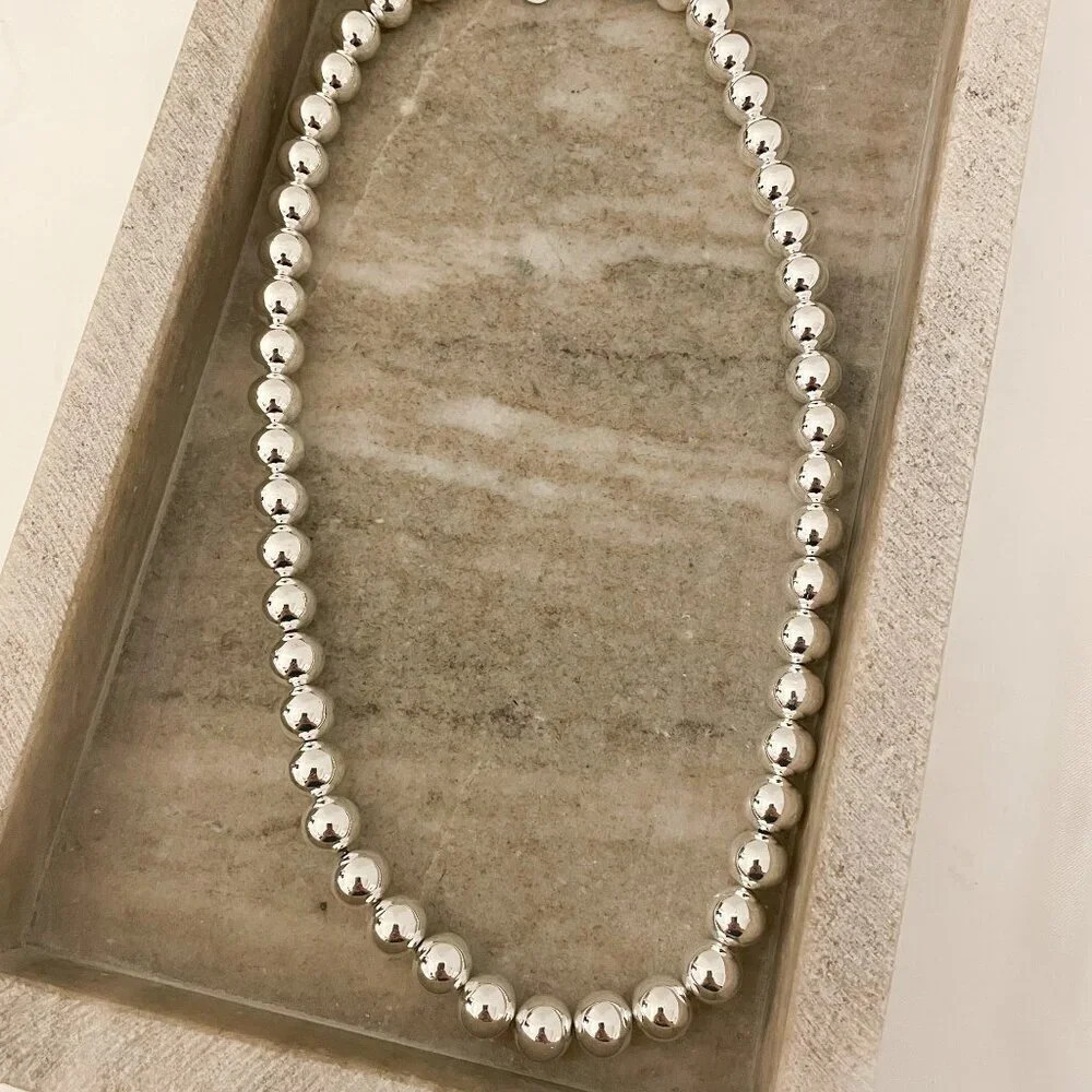 925 Sterling Silver Bead Necklace 10 MM Bead Necklace Ball Statement Necklace - Picture 2 of 4